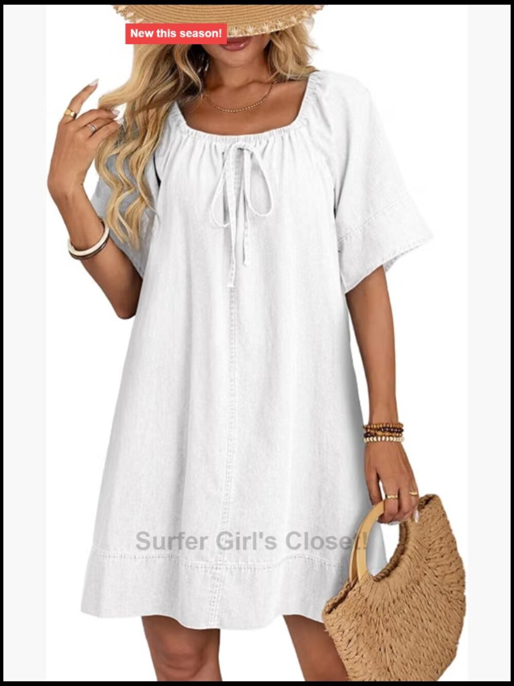 Dokotoo Women's Cotton Denim Dress Square Neck Tie Front Short Sleeve